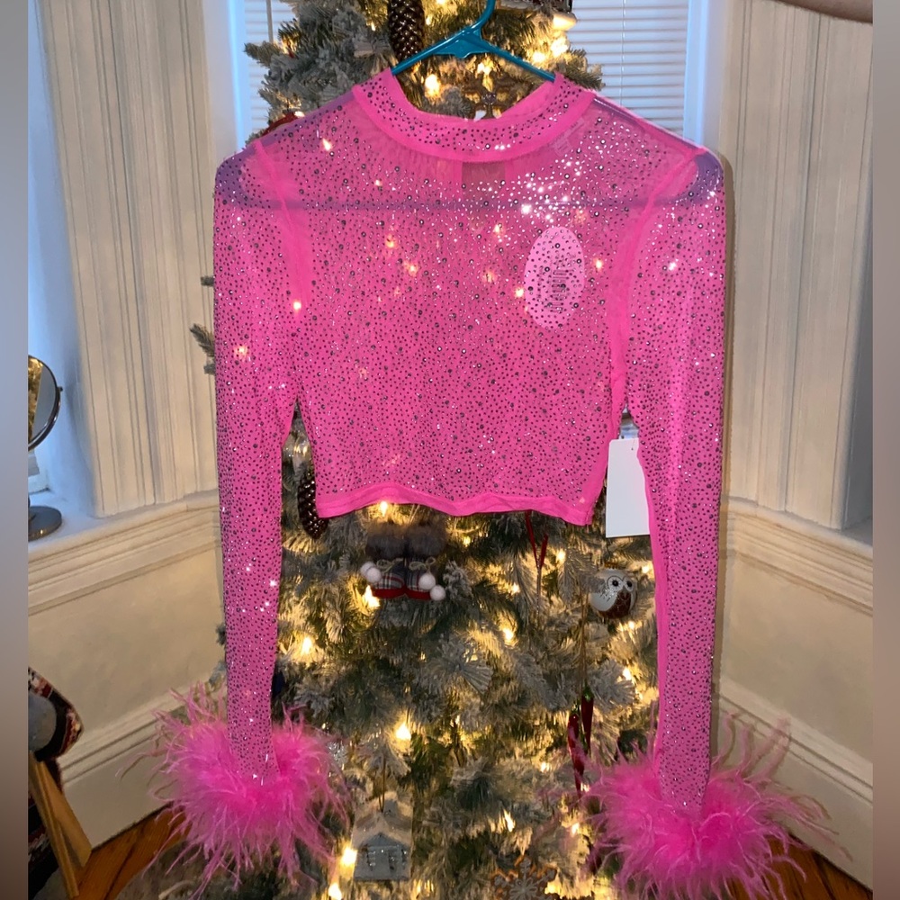 Long sleeve transparent pink shirt with feathers and rhinestones!
